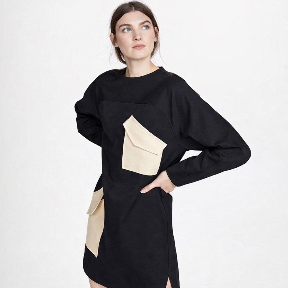 Tibi Bond Stretch Knit Patched Dress Black Ivory Size XS